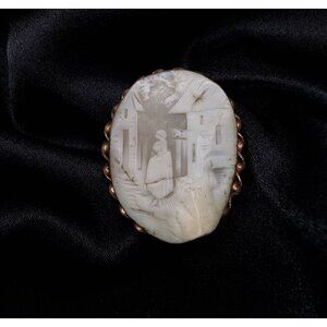 Antique Hand-Carved Cameo Brooch With Scenic Village